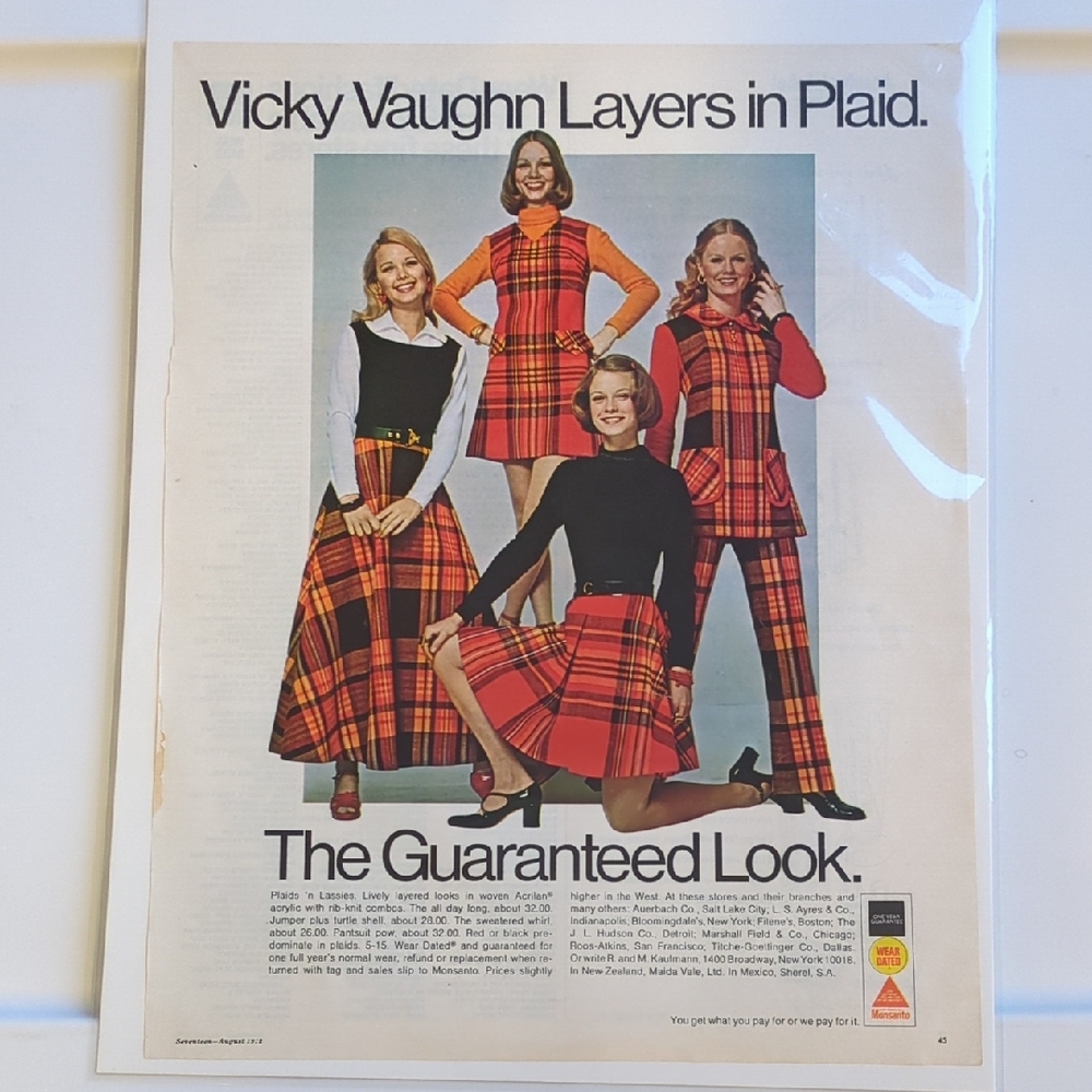 Vintage 1972 Seventeen Magazine Ad Monsanto Vicky Vaughn Plaid Dresses Retro 70s
